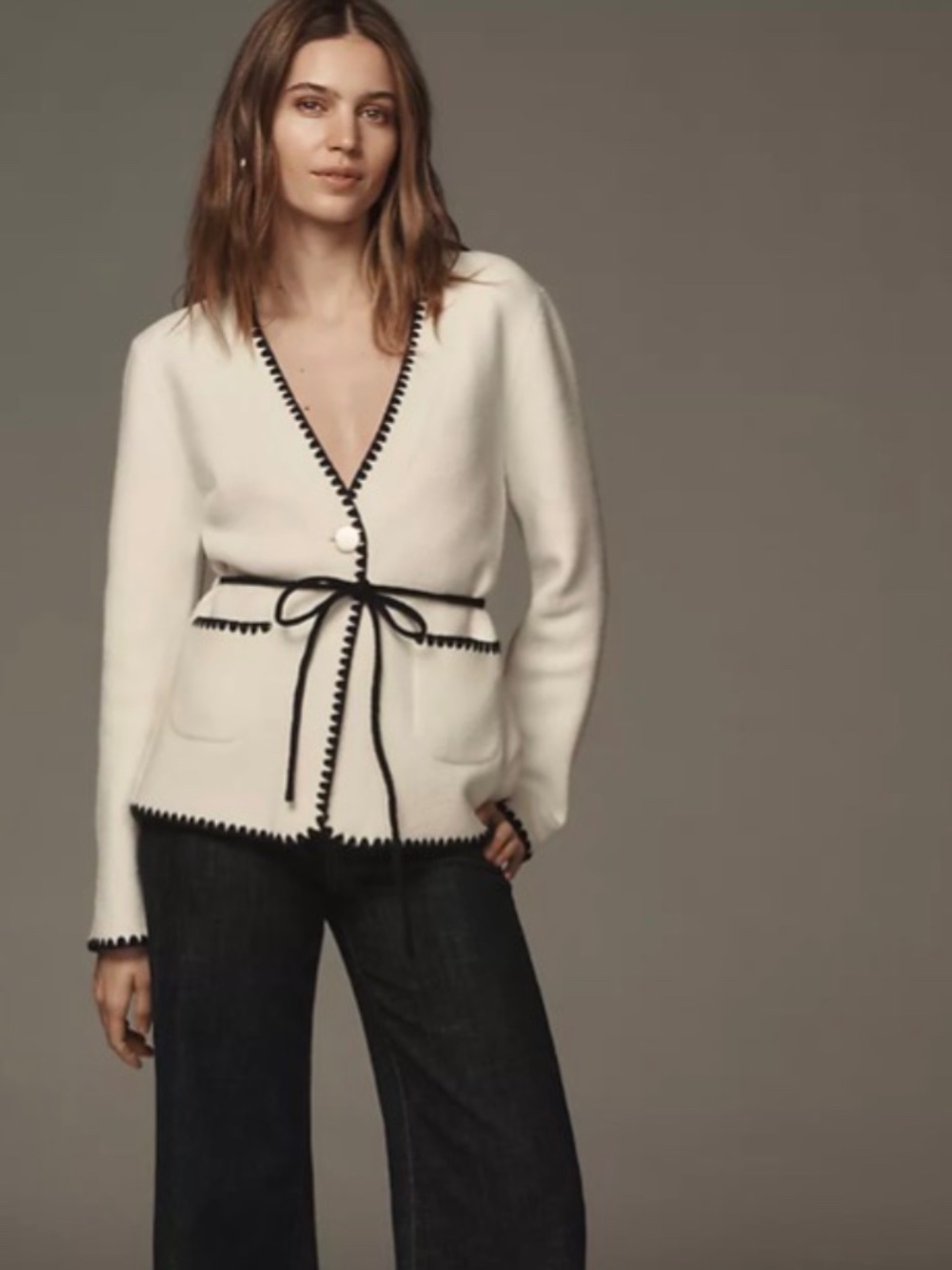Anthropologie NVLT Ivory Knit Tie Waist One Button Blazer Jacket NWOT SZ S